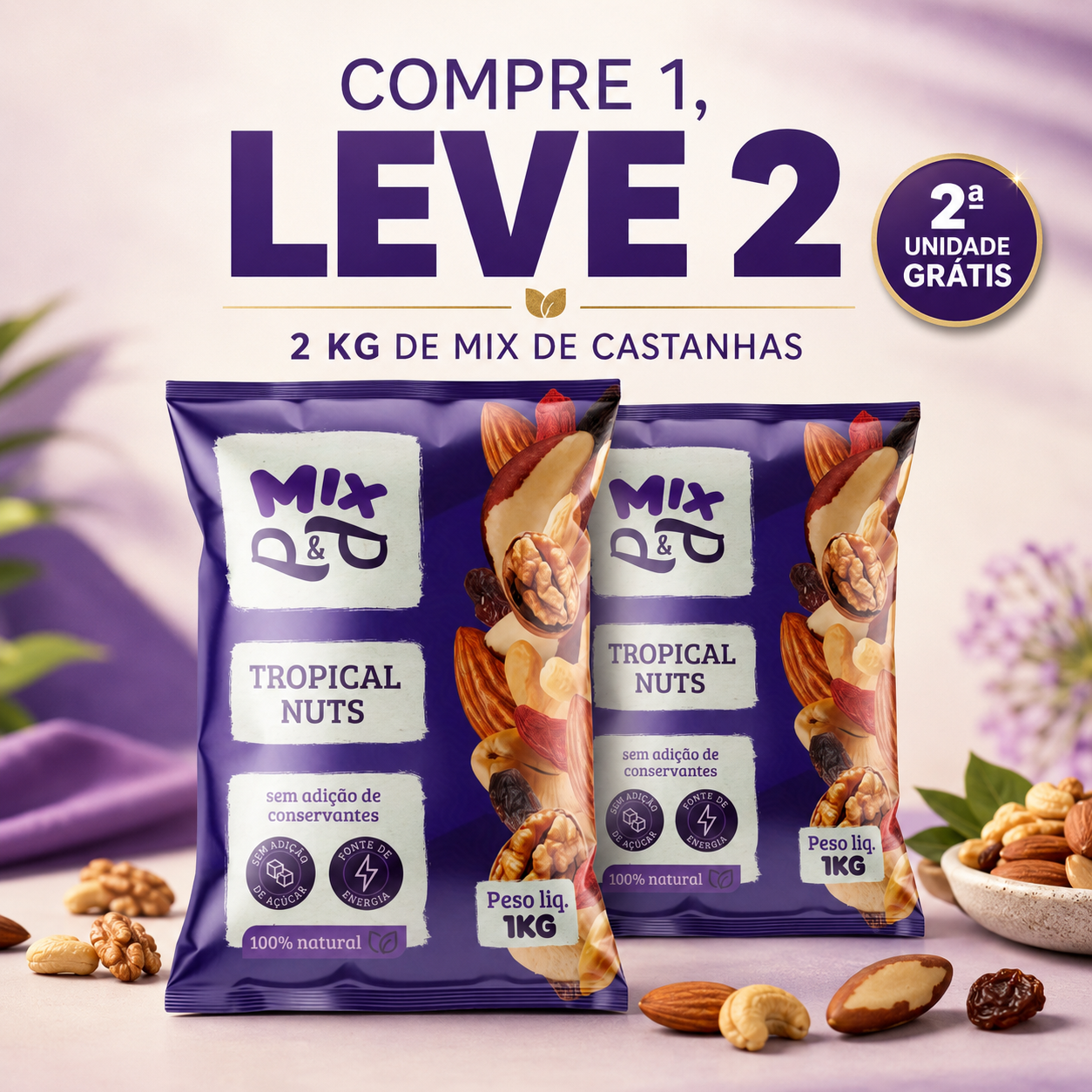 2 pacotes Mix Castanhas Nuts Tropical 1kg